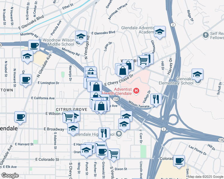 map of restaurants, bars, coffee shops, grocery stores, and more near 1477 East California Avenue in Glendale
