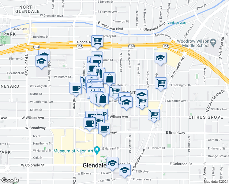 map of restaurants, bars, coffee shops, grocery stores, and more near 308 North Louise Street in Glendale