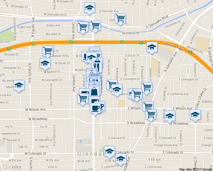 map of restaurants, bars, coffee shops, grocery stores, and more near 308 North Louise Street in Glendale