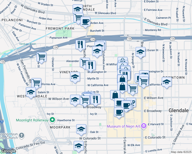 map of restaurants, bars, coffee shops, grocery stores, and more near 440 Myrtle Street in Glendale