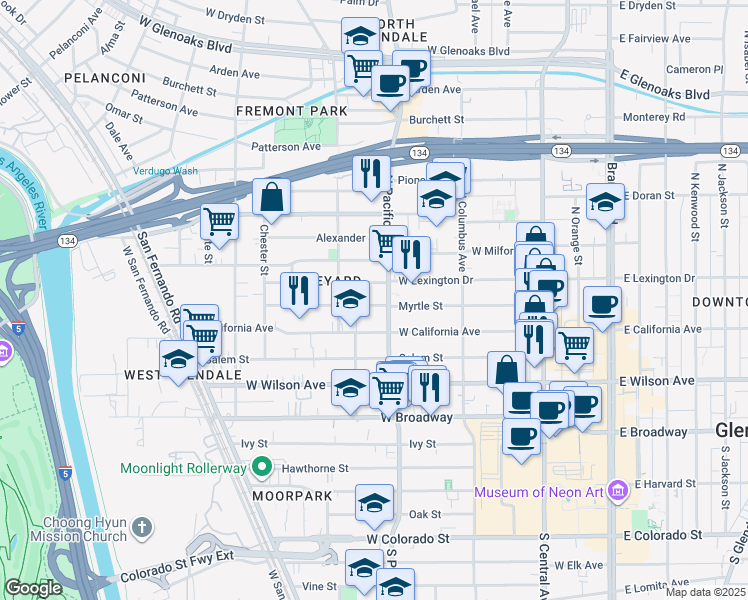 map of restaurants, bars, coffee shops, grocery stores, and more near 312 North Pacific Avenue in Glendale