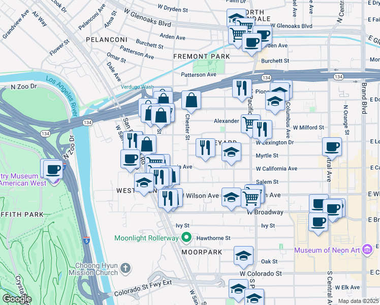 map of restaurants, bars, coffee shops, grocery stores, and more near 650 Myrtle Street in Glendale