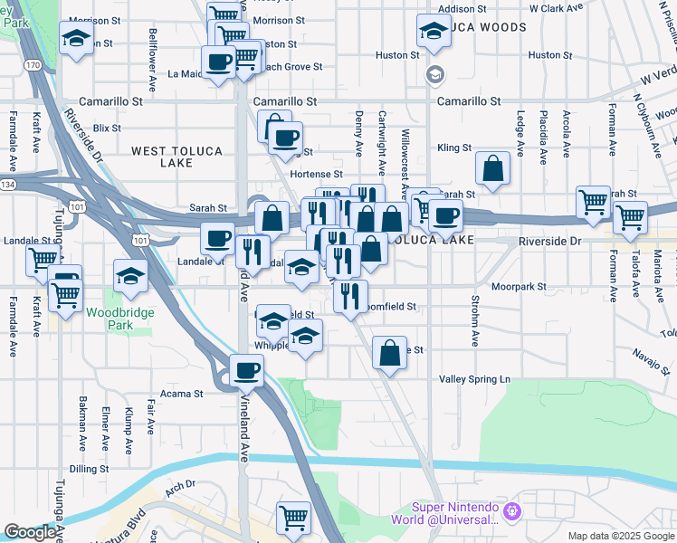 map of restaurants, bars, coffee shops, grocery stores, and more near 4401 Lankershim Boulevard in Los Angeles