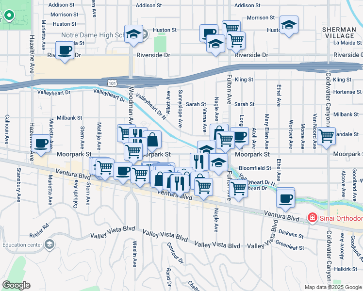 map of restaurants, bars, coffee shops, grocery stores, and more near 13443 Moorpark Street in Los Angeles
