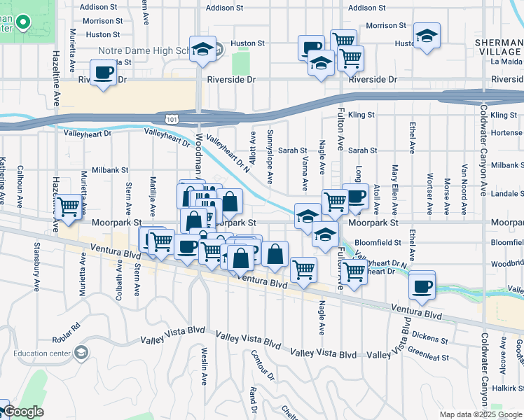 map of restaurants, bars, coffee shops, grocery stores, and more near 4411 Allott Avenue in Los Angeles