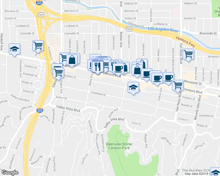map of restaurants, bars, coffee shops, grocery stores, and more near 14953 Greenleaf Street in Los Angeles