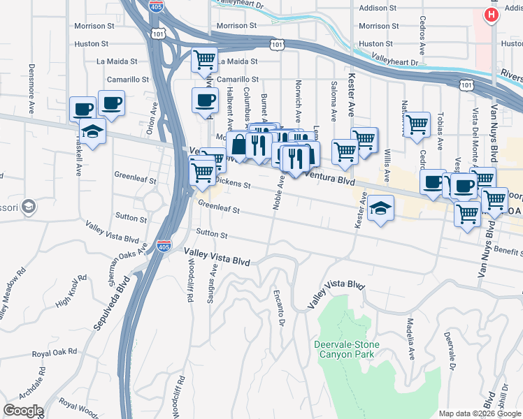 map of restaurants, bars, coffee shops, grocery stores, and more near 15102 Greenleaf Street in Los Angeles