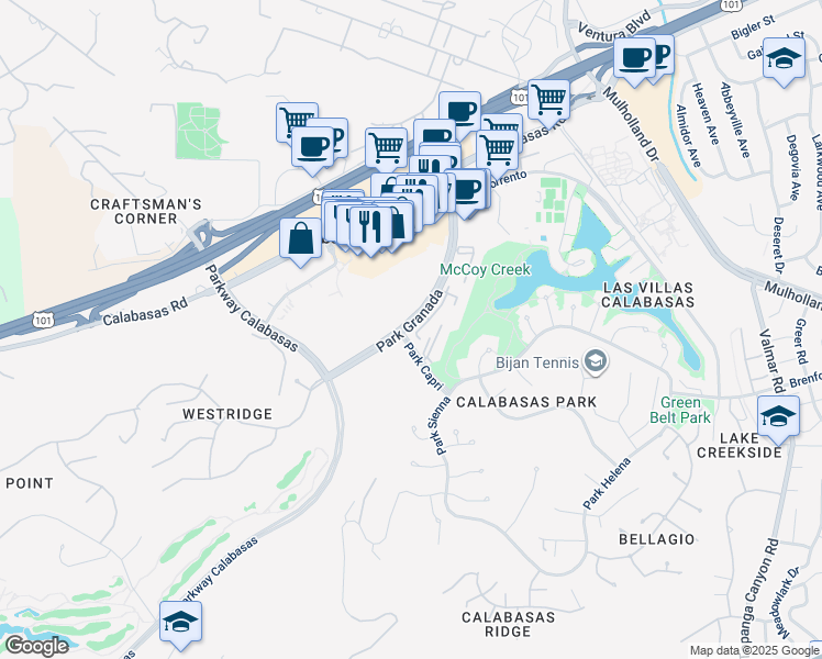 map of restaurants, bars, coffee shops, grocery stores, and more near 4606 Park Capri in Calabasas