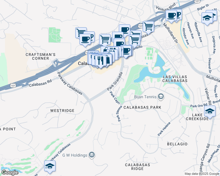 map of restaurants, bars, coffee shops, grocery stores, and more near 4606 Park Capri in Calabasas