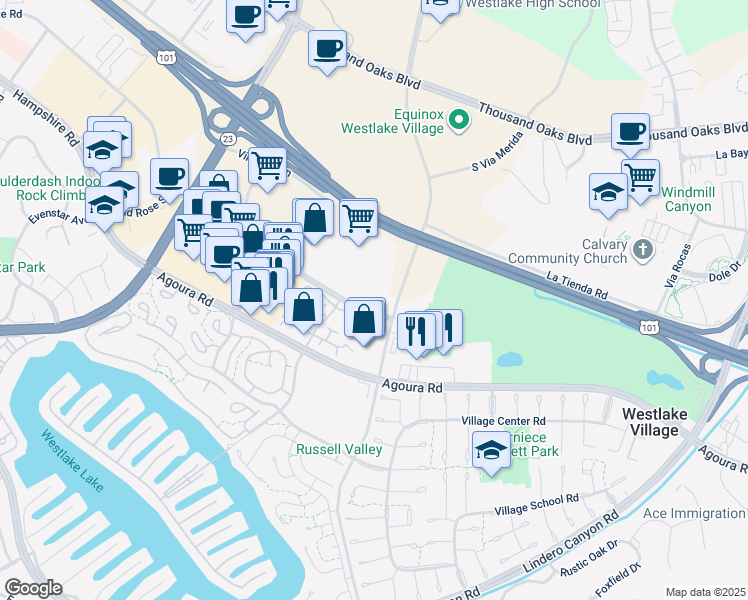 map of restaurants, bars, coffee shops, grocery stores, and more near 3095 Townsgate Road in Westlake Village
