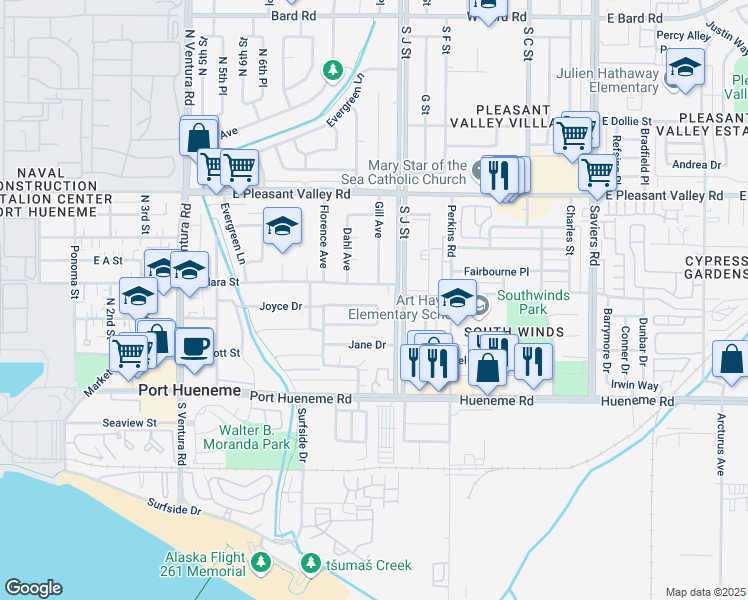 map of restaurants, bars, coffee shops, grocery stores, and more near 880 Myrna Joyce Drive in Port Hueneme
