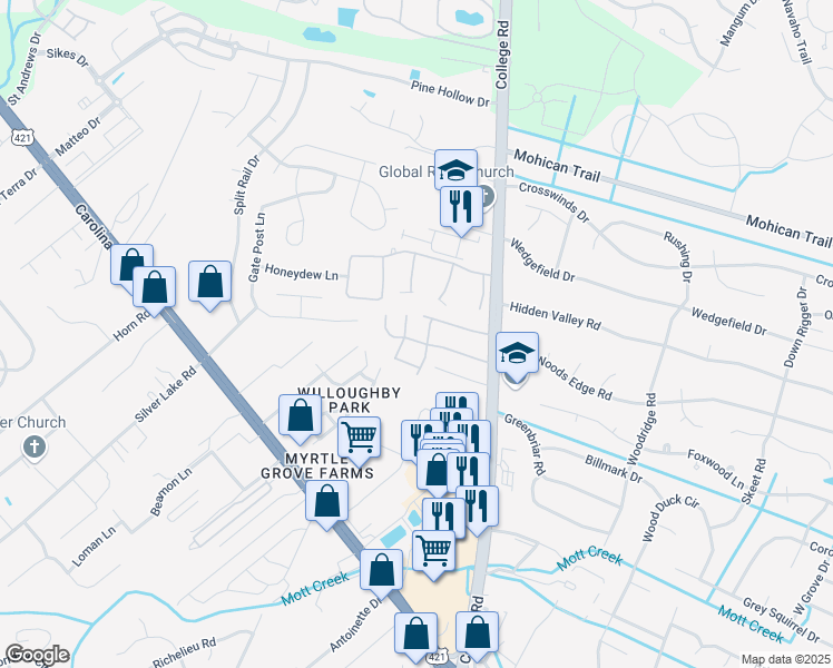 map of restaurants, bars, coffee shops, grocery stores, and more near 4947 Pleasant Grove Drive in Wilmington