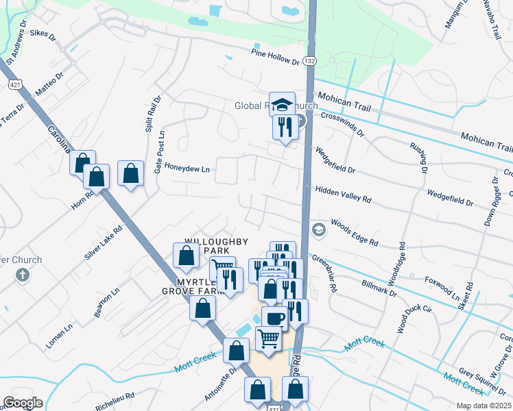map of restaurants, bars, coffee shops, grocery stores, and more near 4947 Pleasant Grove Drive in Wilmington