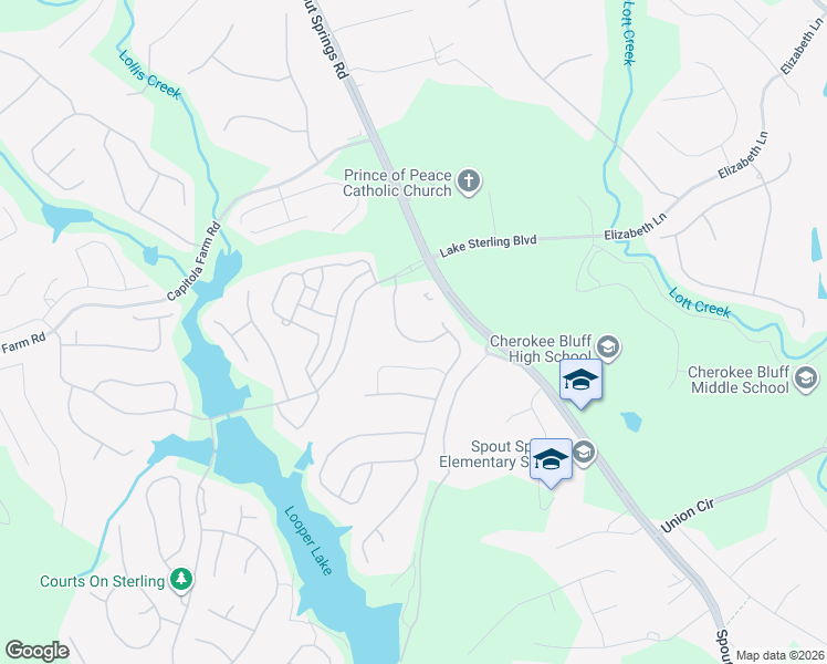 map of restaurants, bars, coffee shops, grocery stores, and more near 6749 Blue Heron Way in Flowery Branch