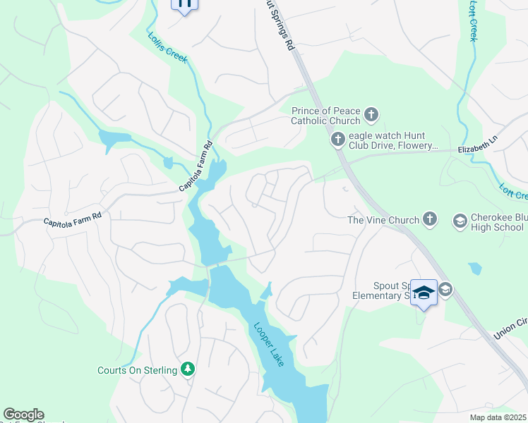 map of restaurants, bars, coffee shops, grocery stores, and more near 6892 Big Sky Drive in Flowery Branch