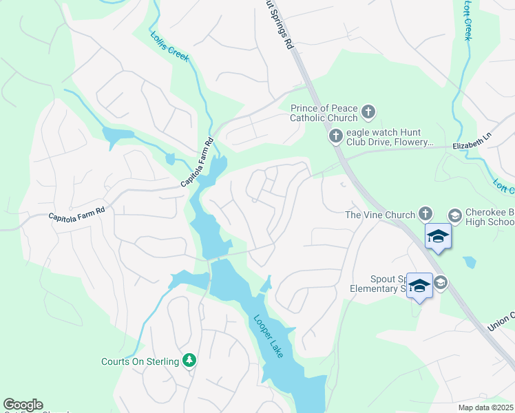 map of restaurants, bars, coffee shops, grocery stores, and more near 6864 Big Sky Drive in Flowery Branch