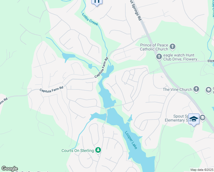 map of restaurants, bars, coffee shops, grocery stores, and more near 7143 Lake Edge Drive in Flowery Branch