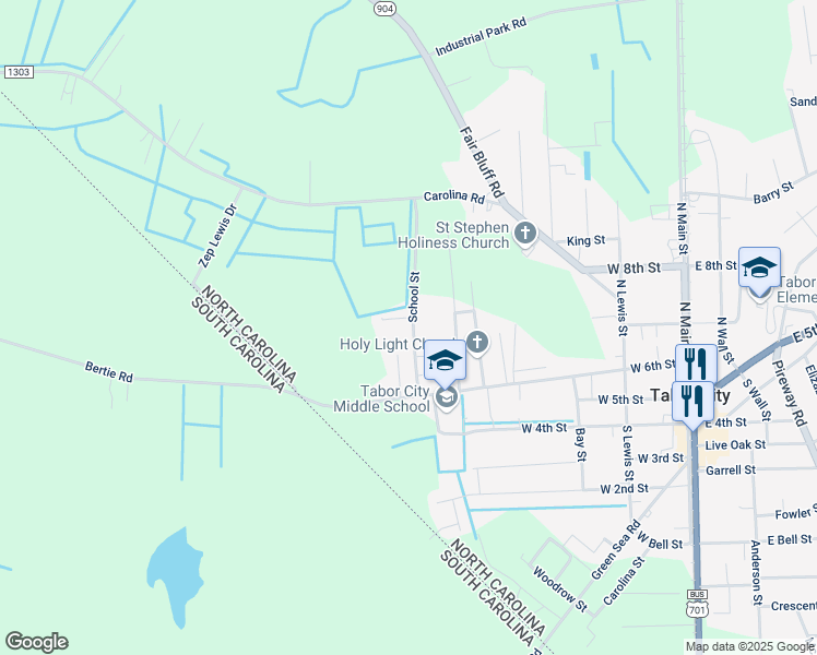 map of restaurants, bars, coffee shops, grocery stores, and more near 117 School Street in Tabor City