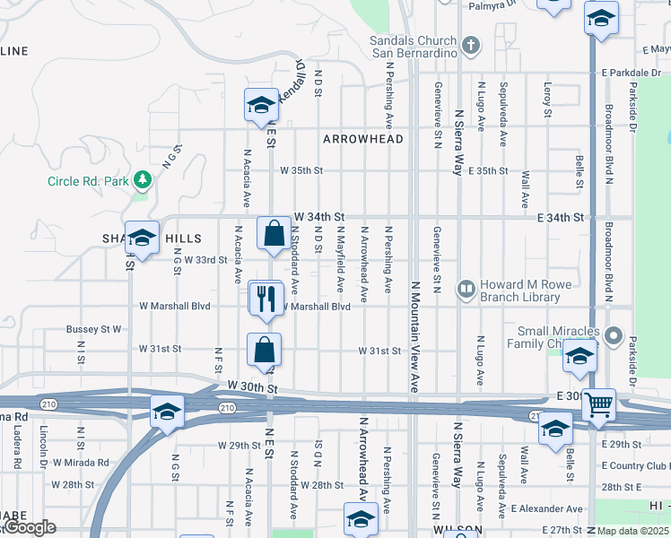 map of restaurants, bars, coffee shops, grocery stores, and more near 3288 North Mayfield Avenue in San Bernardino