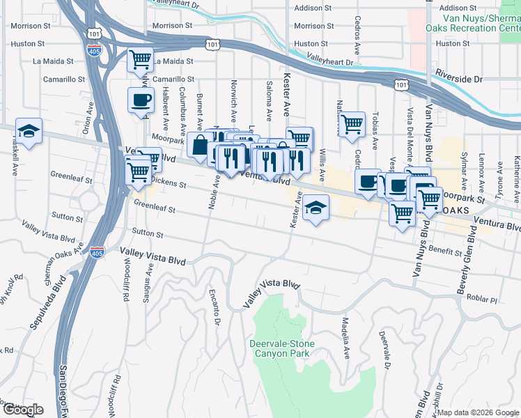map of restaurants, bars, coffee shops, grocery stores, and more near 14940 Dickens Street in Los Angeles
