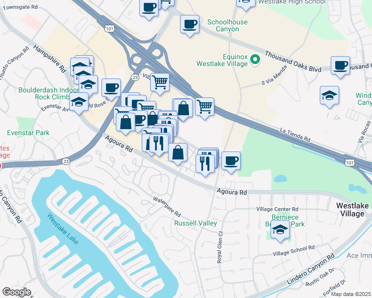 map of restaurants, bars, coffee shops, grocery stores, and more near 2982 Winding Lane in Westlake Village