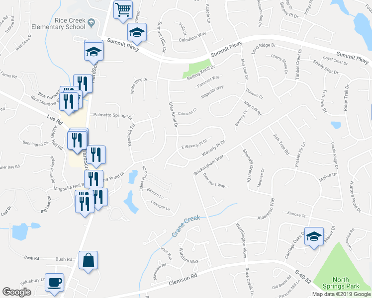 map of restaurants, bars, coffee shops, grocery stores, and more near 202 East Waverly Place Court in Columbia