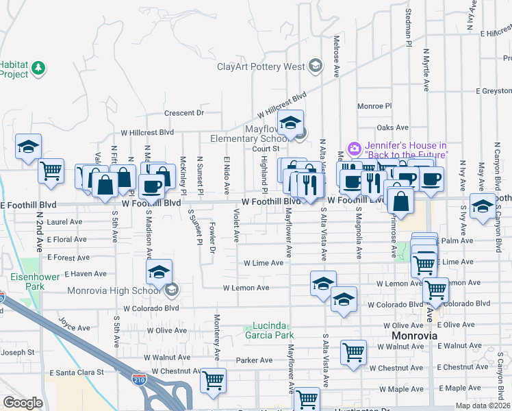 map of restaurants, bars, coffee shops, grocery stores, and more near 616 West Foothill Boulevard in Monrovia