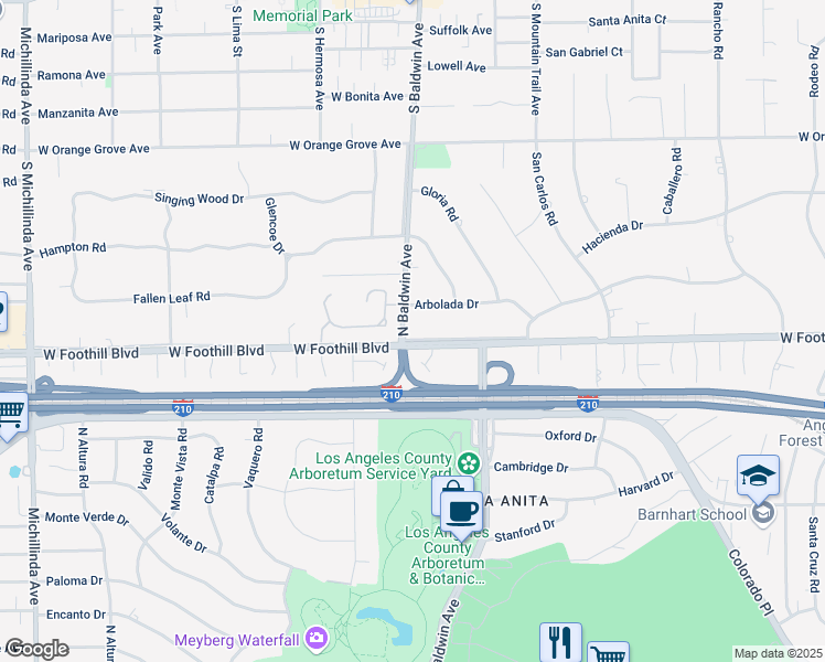 map of restaurants, bars, coffee shops, grocery stores, and more near 2 West Foothill Boulevard in Arcadia