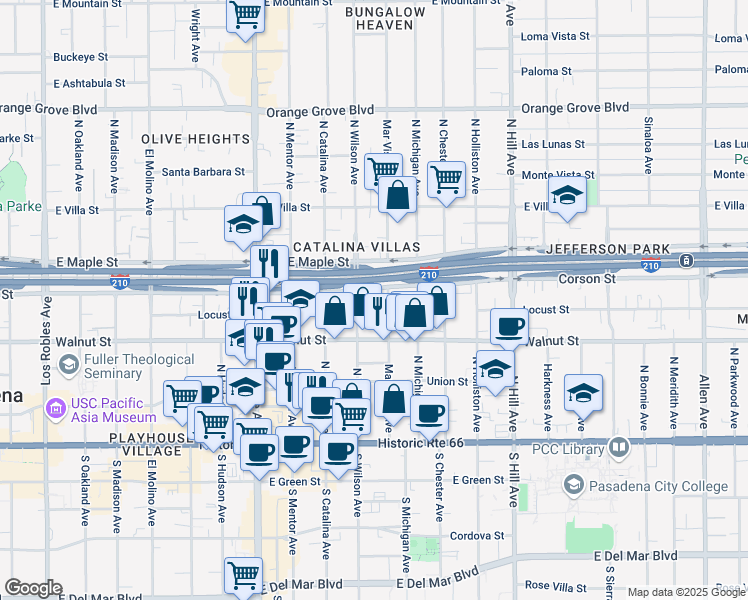 map of restaurants, bars, coffee shops, grocery stores, and more near 281 Mar Vista Avenue in Pasadena