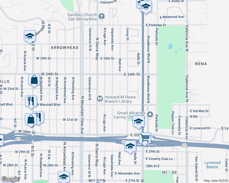 map of restaurants, bars, coffee shops, grocery stores, and more near 3279 Sepulveda Avenue in San Bernardino