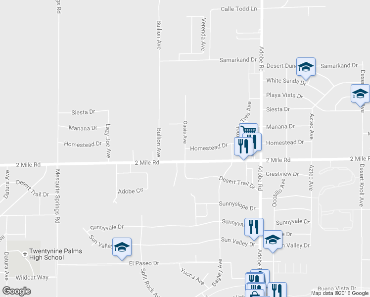 map of restaurants, bars, coffee shops, grocery stores, and more near Homestead Drive in Twentynine Palms