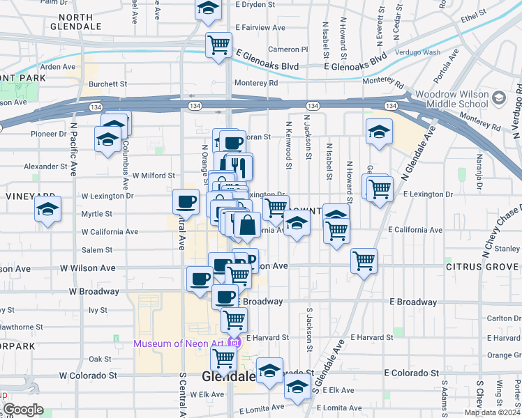 map of restaurants, bars, coffee shops, grocery stores, and more near 333 North Louise Street in Glendale
