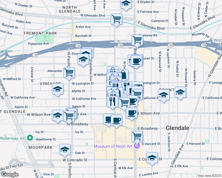 map of restaurants, bars, coffee shops, grocery stores, and more near 325 Myrtle Street in Glendale