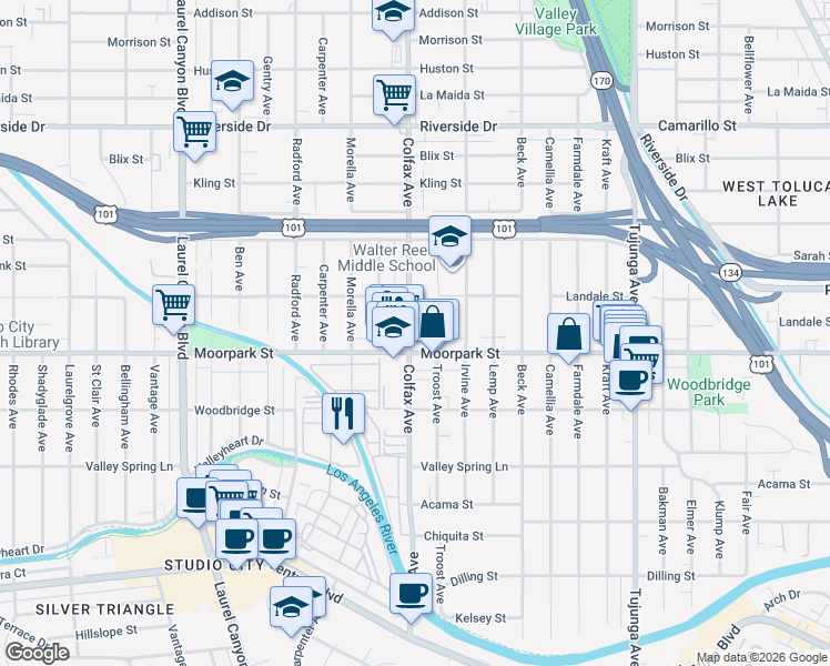 map of restaurants, bars, coffee shops, grocery stores, and more near in Los Angeles