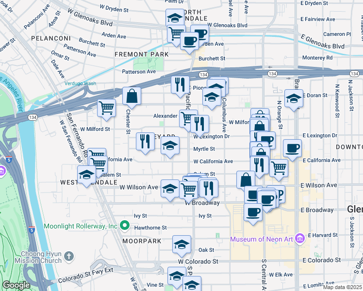 map of restaurants, bars, coffee shops, grocery stores, and more near 515 Myrtle Street in Glendale