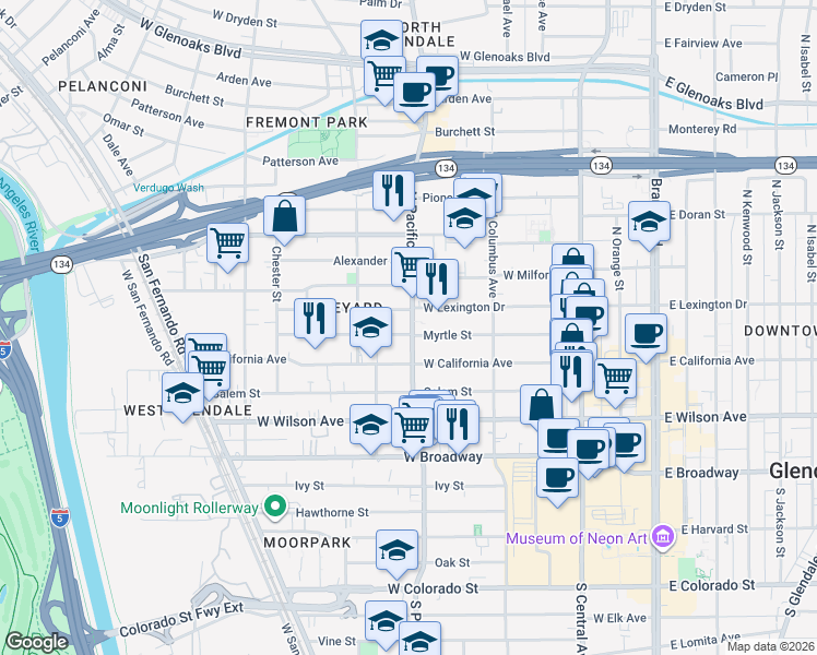 map of restaurants, bars, coffee shops, grocery stores, and more near 501 Myrtle Street in Glendale