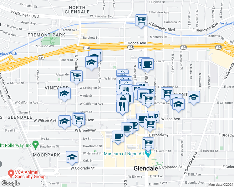 map of restaurants, bars, coffee shops, grocery stores, and more near 325 Myrtle Street in Glendale