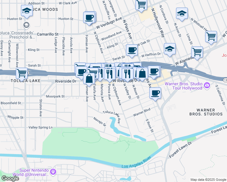 map of restaurants, bars, coffee shops, grocery stores, and more near 4419 Clybourn Avenue in Los Angeles