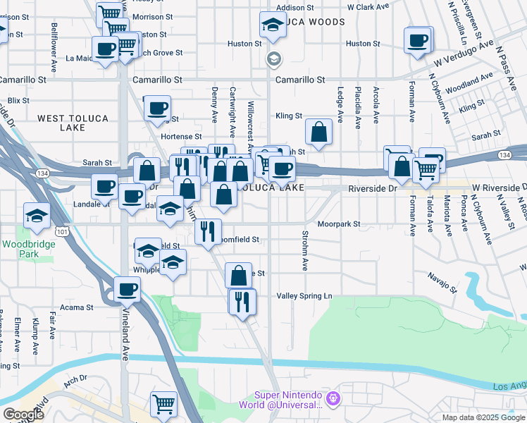 map of restaurants, bars, coffee shops, grocery stores, and more near 10611 Moorpark Street in Los Angeles