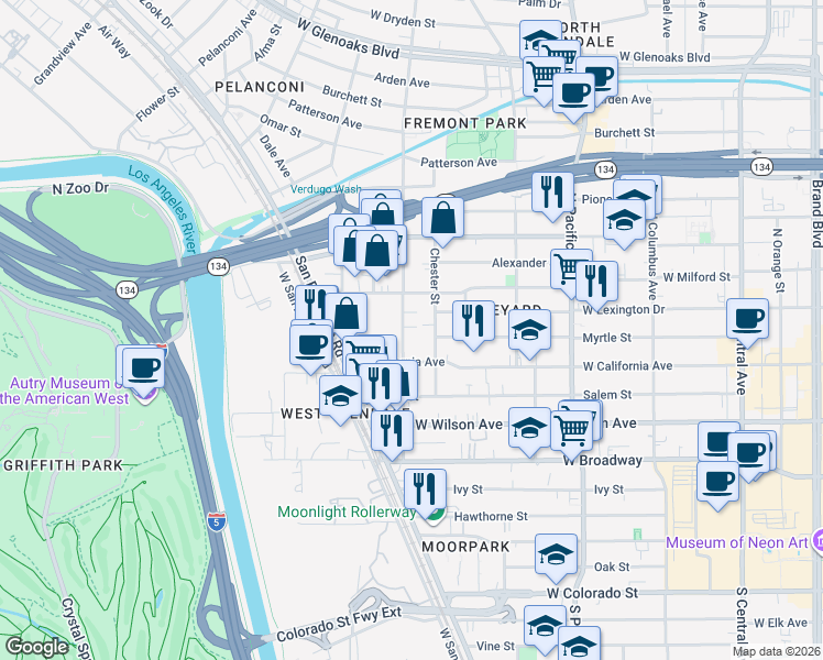 map of restaurants, bars, coffee shops, grocery stores, and more near 330 Concord Street in Glendale