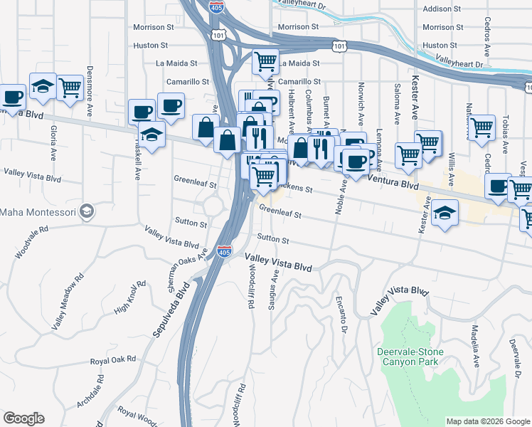 map of restaurants, bars, coffee shops, grocery stores, and more near 4443 Saugus Avenue in Los Angeles
