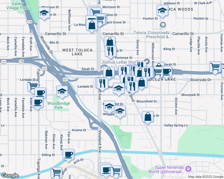 map of restaurants, bars, coffee shops, grocery stores, and more near 10901 Moorpark Street in Los Angeles