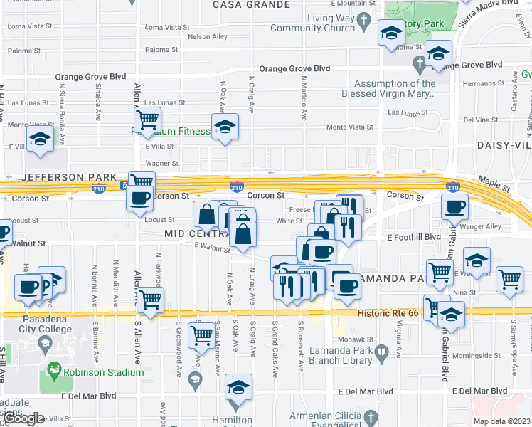 map of restaurants, bars, coffee shops, grocery stores, and more near 2183 White Street in Pasadena
