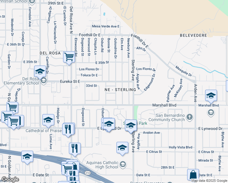 map of restaurants, bars, coffee shops, grocery stores, and more near 5664 Golondrina Drive in San Bernardino