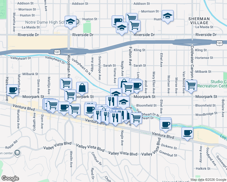 map of restaurants, bars, coffee shops, grocery stores, and more near 13331 Moorpark Street in Los Angeles