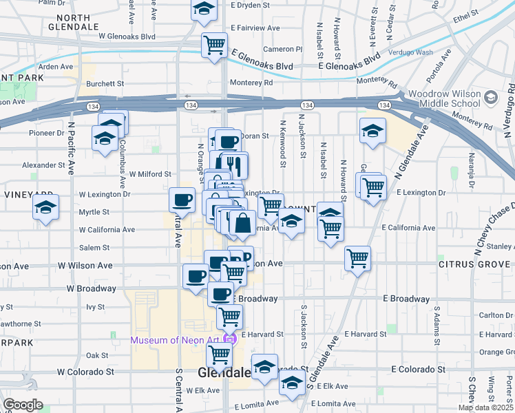 map of restaurants, bars, coffee shops, grocery stores, and more near 333 North Louise Street in Glendale