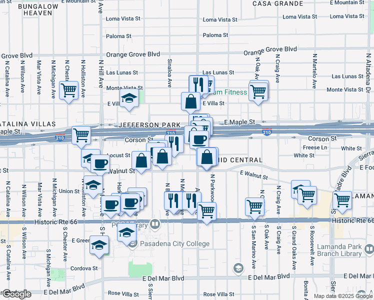 map of restaurants, bars, coffee shops, grocery stores, and more near 1748 Locust Street in Pasadena
