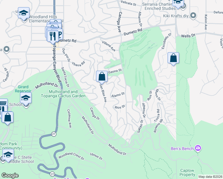 map of restaurants, bars, coffee shops, grocery stores, and more near 4525 Ensenada Drive in Los Angeles