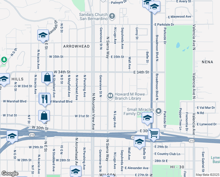 map of restaurants, bars, coffee shops, grocery stores, and more near 3289 North Sierra Way in San Bernardino