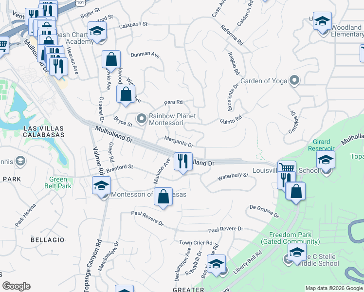 map of restaurants, bars, coffee shops, grocery stores, and more near 22739 Mulholland Drive in Los Angeles